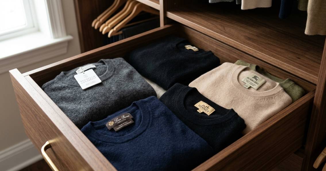 Foto de como guardar sueters e peças de cashmere de marcas de luxo.