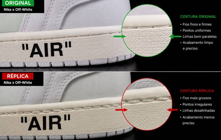 Comparação entre costuras do solado de Nike x Off-White original e réplica, mostrando diferenças no alinhamento, espessura dos fios e acabamento da entressola para identificar autenticidade.