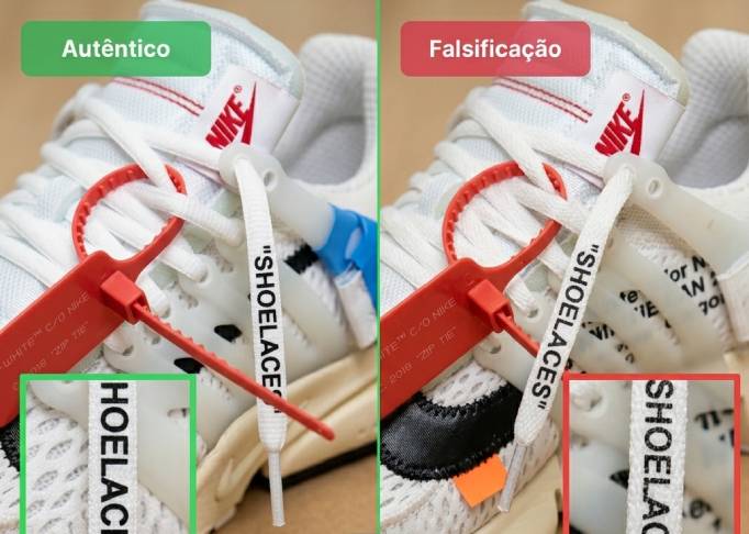 Detalhe dos cadarços de um tênis Nike x Off-White original com inscrição SHOELACES, destacando a qualidade da impressão, acabamento das letras e características usadas para autenticar sneakers Nike Off-White.