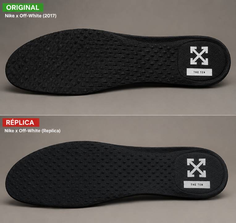 Palmilha original do Nike x Off-White com branding Off-White impresso no calcanhar e pirâmides em relevo — detalhe de autenticação exclusivo dos pares OG de 2017
