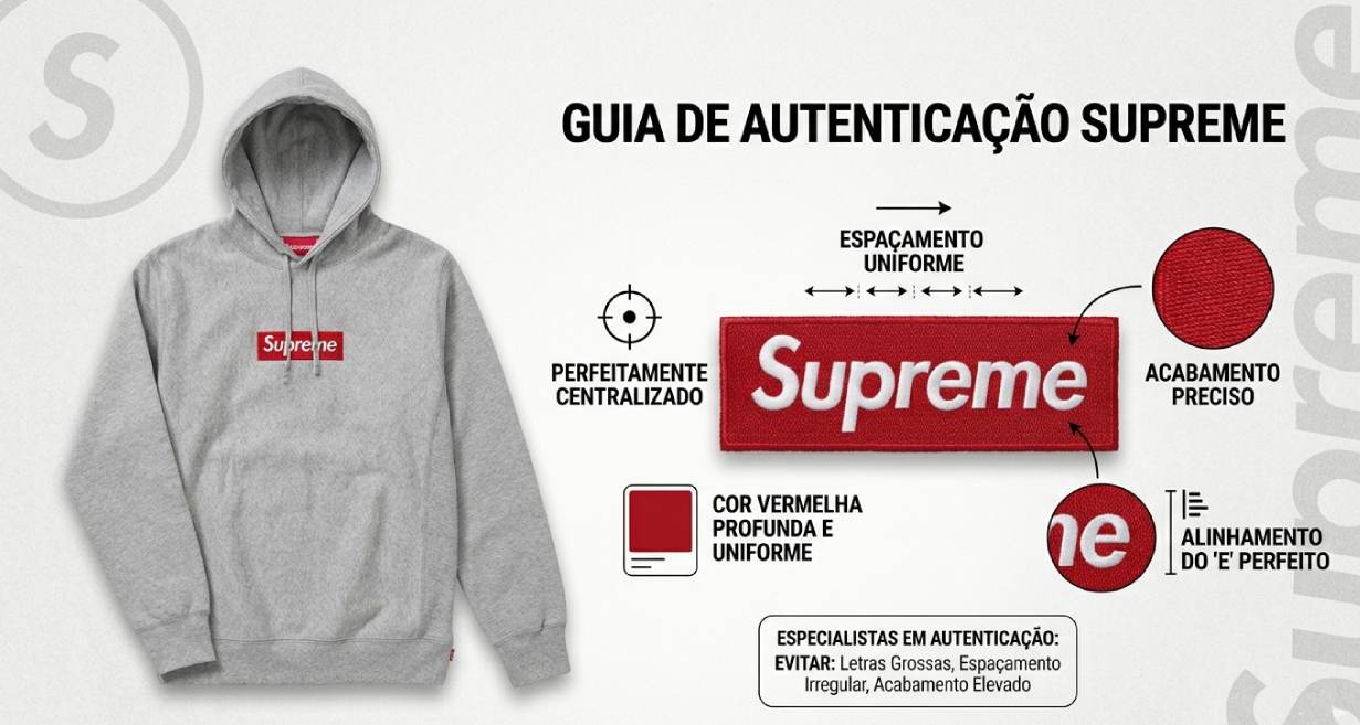 Ilustração de como identificar uma peça supreme original no Brasil analiando logo e detalhes.