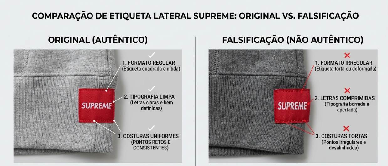 Ilstração que compara a etiqueta externa de um moletom supreme original de uma falsificação.