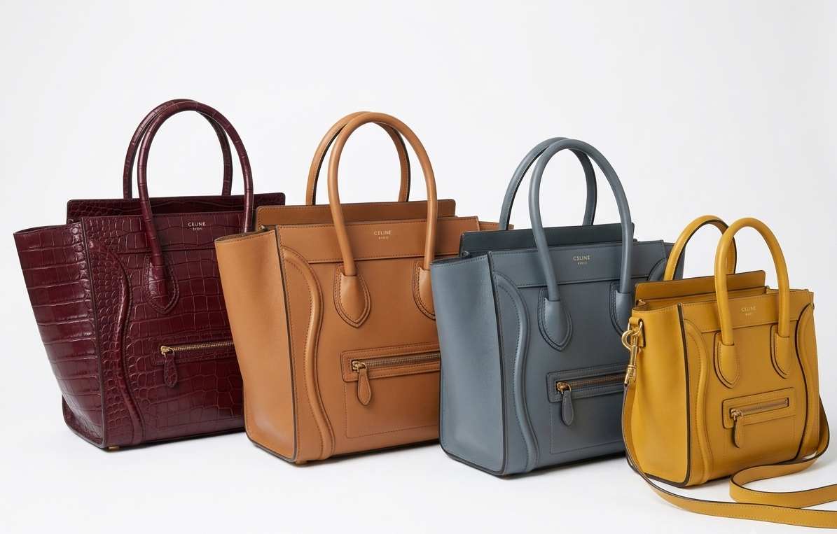 Comparação entre os quatro tamanhos da bolsa Celine Luggage — Nano, Micro, Mini e Phantom — destacando as diferenças de proporção e capacidade de cada modelo para diferentes necessidades de uso.
