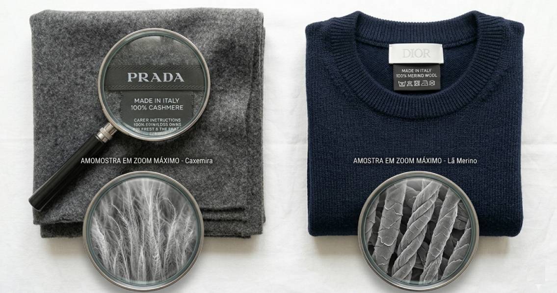 Foto comparando a diferença da fibra 100% cashmere da fibra lã merino.