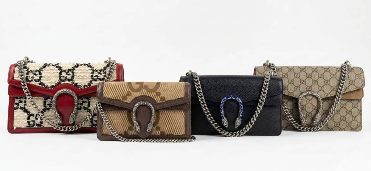 Coleção de bolsas Gucci femininas em diferentes materiais, incluindo couro, canvas e acabamentos exclusivos, exibindo modelos icônicos da marca de luxo italiana.
