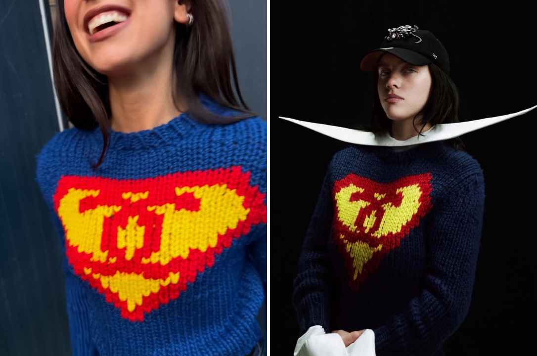 Celebridades usando o sueter superman x chanel em editorial de moda e nas ruas.