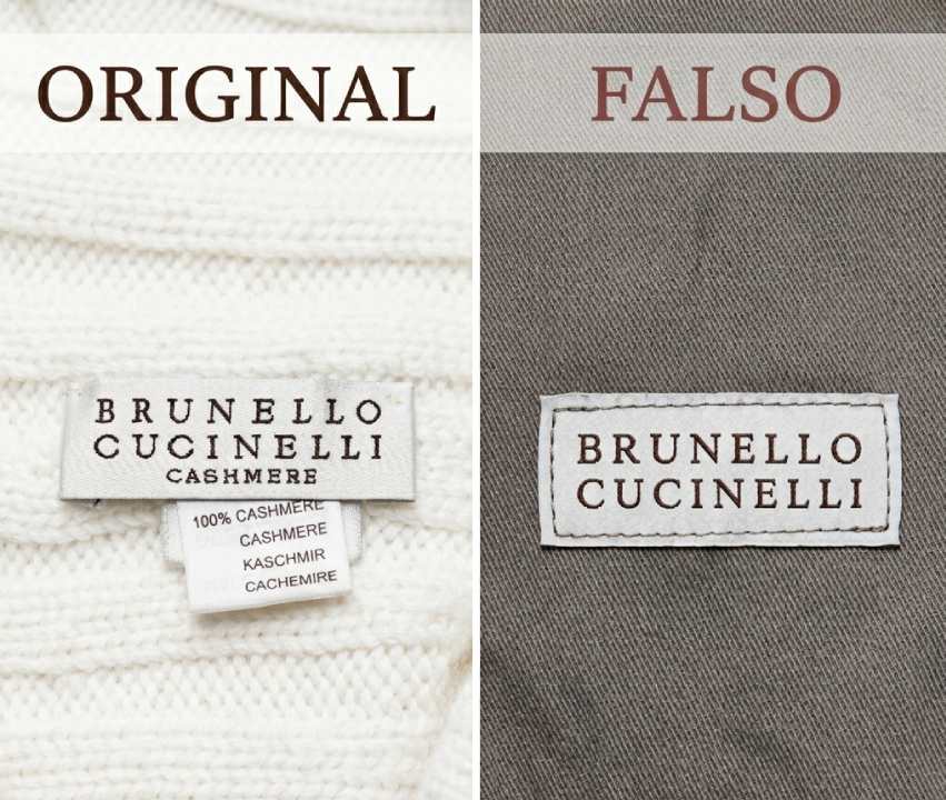 comparação de etiquetas brunello cucinelli original vs falsa.