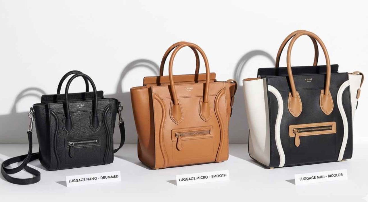 Bolsa Celine Luggage em couro drummed, smooth e acabamento bicolor, destacando os diferentes materiais utilizados pela grife francesa.