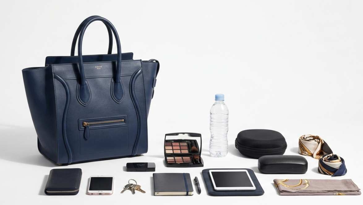Bolsa Celine Luggage Mini com notebook, carteira, celular, nécessaire e outros itens pessoais dispostos ao redor para demonstrar a ampla capacidade interna do maior tamanho da família Luggage.