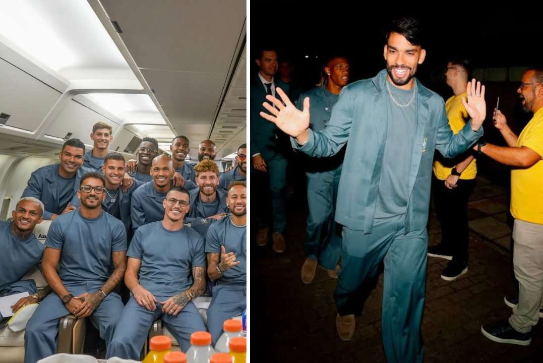 Jogadores da Seleção Brasileira vestem uniforme oficial criado pelo estilista Ricardo Almeida durante embarque para a Copa do Mundo 2026, em foto registrada dentro do avião da delegação do Brasil.