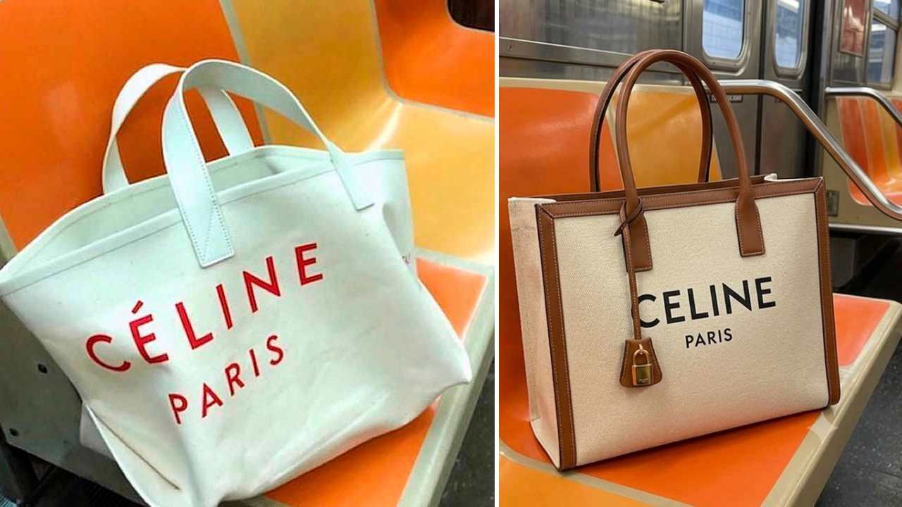 Bolsas Celine com o símbolo e logo da marca quando ainda tinha acento ao lado da atualização de 2026.