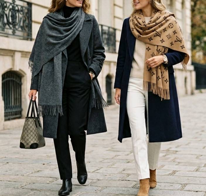 foto de duas mulheres usando pashina e xale de cashmere de forma elegante.