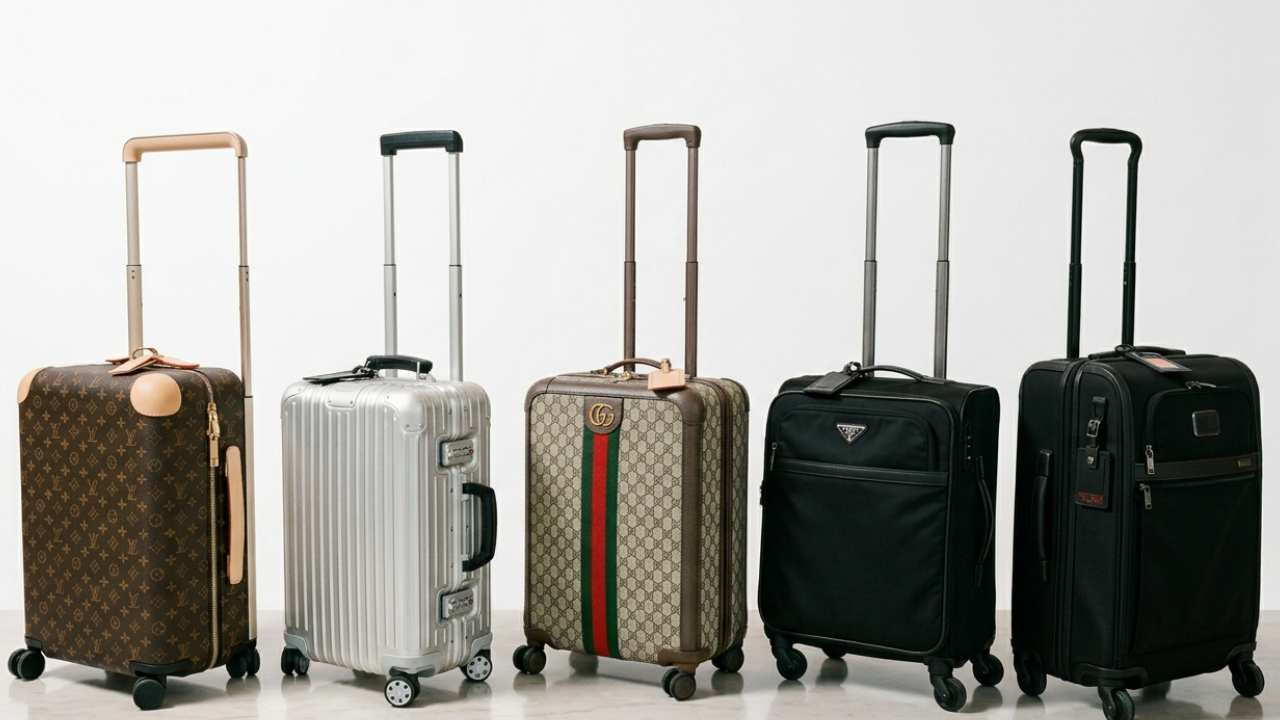malas de marcas de luxo mais respeitadas;Gucci, Tumi, Rimowa, Louis Vuitton.