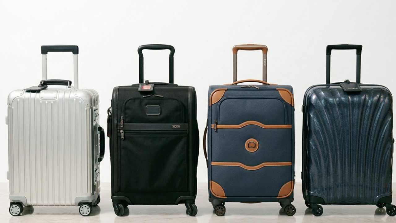 Comparação entre malas das marcas Rimowa, Delsey Paris, TUMI e Samsonite posicionadas lado a lado, destacando diferentes designs, materiais e estilos de bagagens premium.