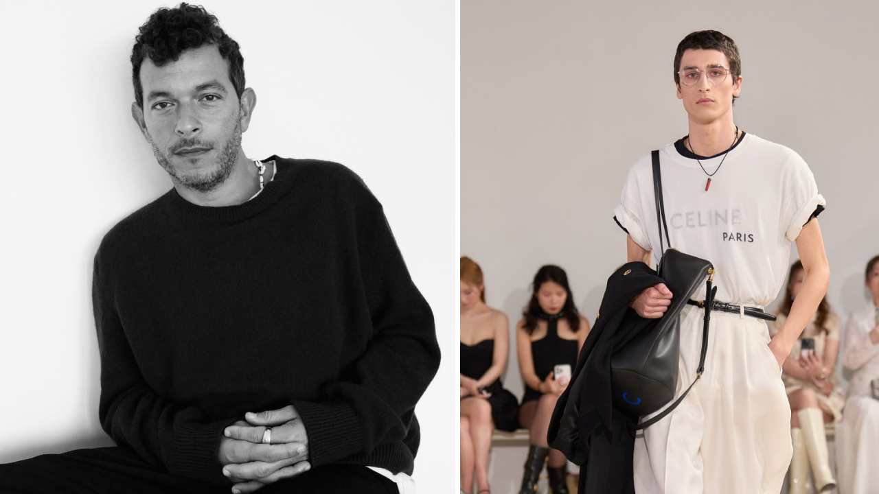 Foto de Michael Rider, estilista da celine ao lado de uma camiseta que mostra o simbolo e logo da celine em 2026.