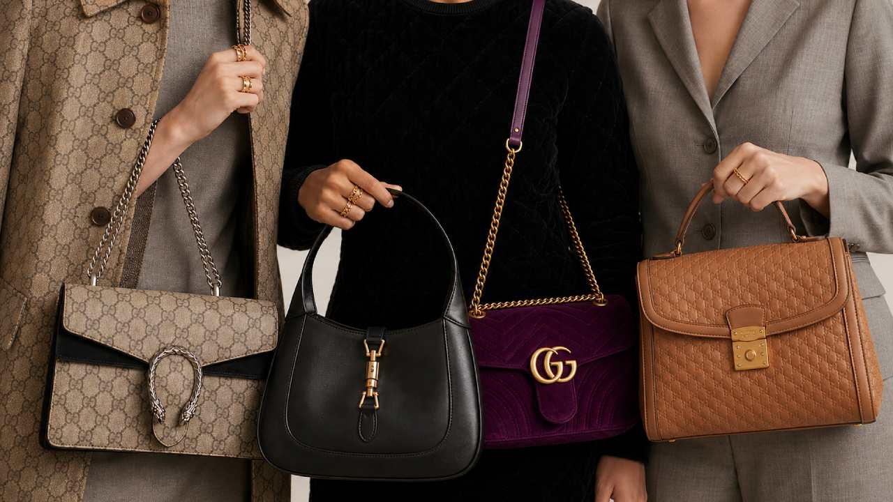 bolsas Gucci em diferentes materiais — GG Supreme, couro e camurça