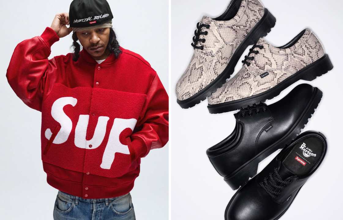 Fotos de jaqueta e sapatos Supreme que colocam a marca entre as mais desejadas do streetwear de luxo.