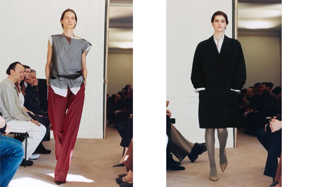 Looks minimalista da coleção The Row com blazer oversized bege e calça de alfaiataria — quiet luxury
