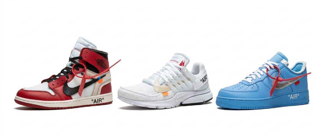 Três modelos da coleção Nike x Off-White por Virgil Abloh — Air Jordan 1 Chicago, Air Presto e Air Force 1 MCA, os sneakers streetwear de luxo mais valiosos no second hand