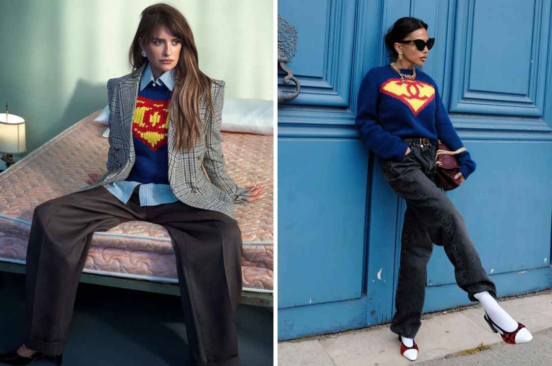 Montagem com Penélope Cruz usando o suéter Superman da Chanel em um ensaio para revista e Zoë Kravitz vestindo a mesma peça em um look casual nas ruas, destacando a popularidade do tricô de luxo da Maison Chanel.