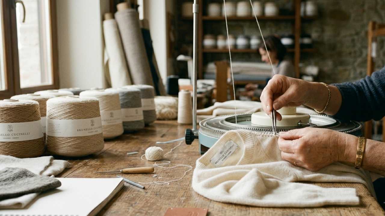 produção artesanal de peça de caxemira Brunello Cucinelli