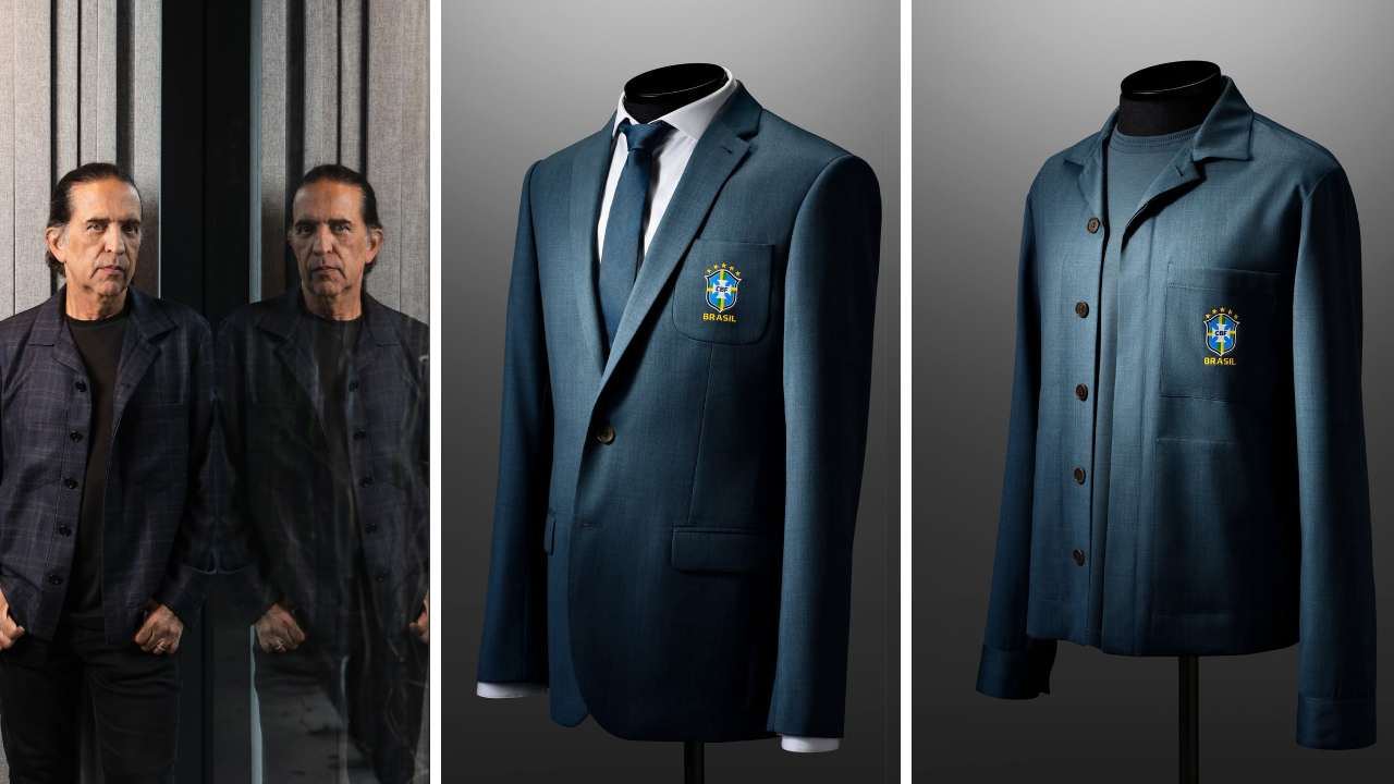 Ricardo Almeida ao lado dos uniformes oficiais da Seleção Brasileira para a Copa do Mundo de 2026.