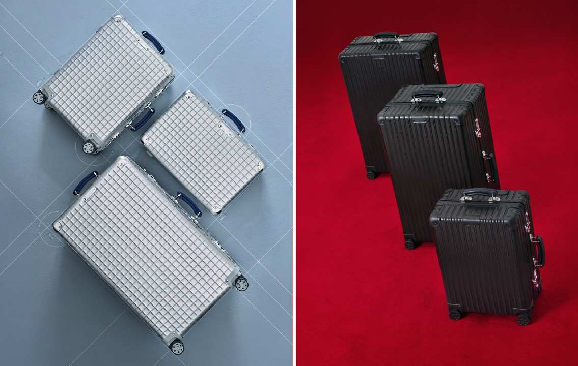 Conjunto de malas Rimowa de alumínio com design canelado característico da marca alemã de bagagens premium.