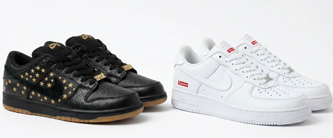 Sneakers da colaboração Supreme x Nike SB Dunk Stars, um dos drops mais disputados no mercado second hand de streetwear de luxo.