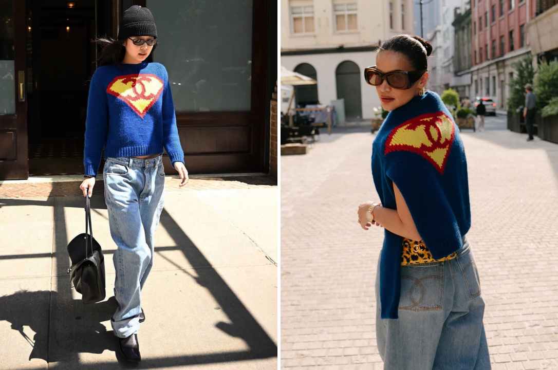 Mulheres usando o suéter Superman da Chanel com jeans em looks de street style, destacando diferentes formas de estilizar o tricô de cashmere da Maison Chanel em produções casuais, elegantes e inspiradas na moda de luxo.