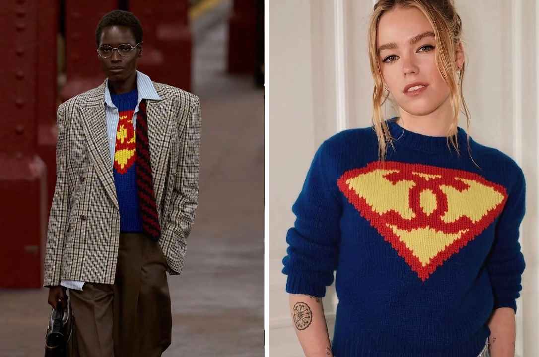 Montagem com imagem do desfile Métiers d'Art 2026 da Chanel, onde o suéter Superman foi apresentado pela primeira vez, ao lado de uma celebridade usando a peça em uma aparição pública, destacando a transição do tricô da passarela para a moda de luxo contemporânea.
