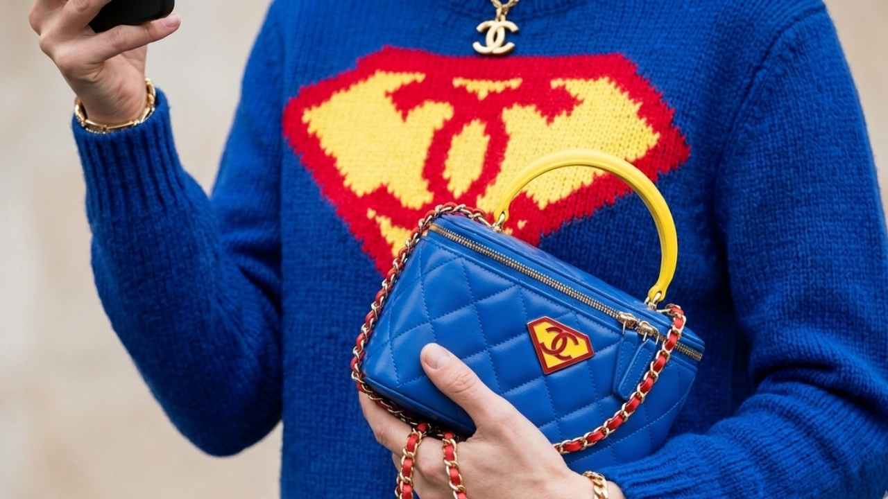 sueter cashmere chanel superman e vanity case com o herói da DC.