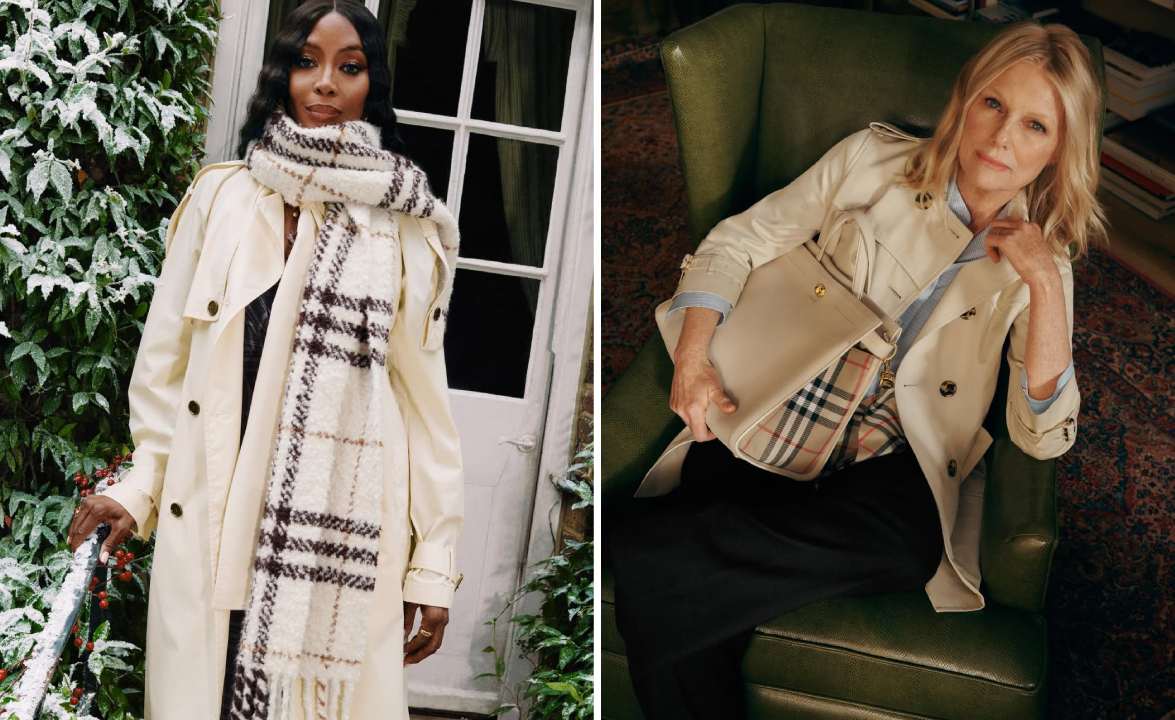 Modelos usando o icônico trench coat Burberry bege com forro xadrez, a peça mais famosa da marca britânica de luxo fundada em 1856