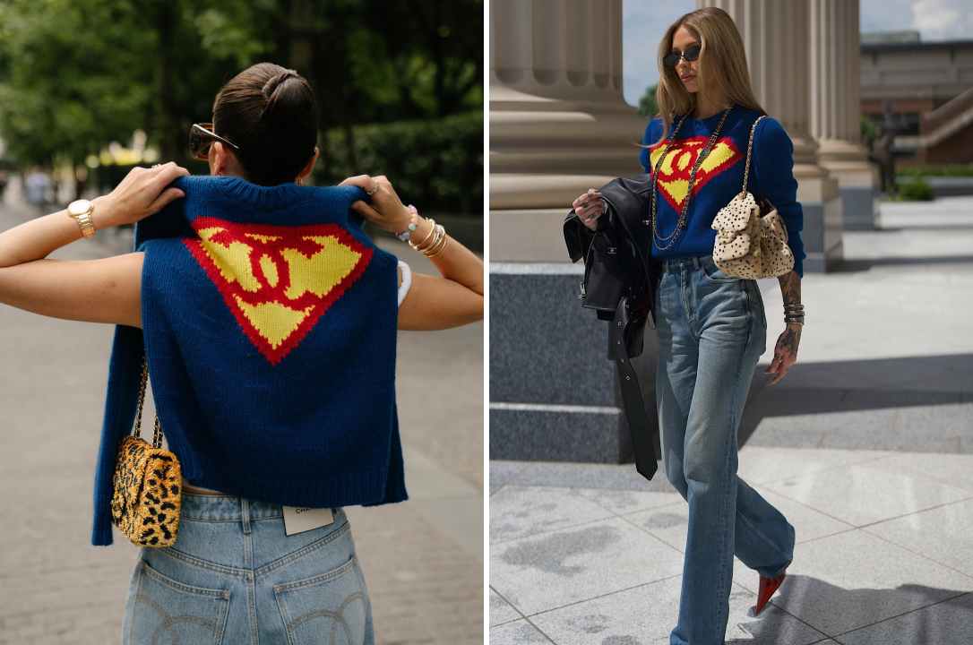 Fashionistas com o trico da Chanel viral da coleção Métiers d'art 2026 da Chanel por Mattiheu Blazy.