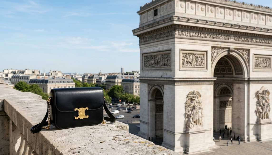 Símbolo Triomphe da Celine inspirado nas correntes do Arco do Triunfo em Paris, emblema histórico da marca francesa de luxo criado por Céline Vipiana.