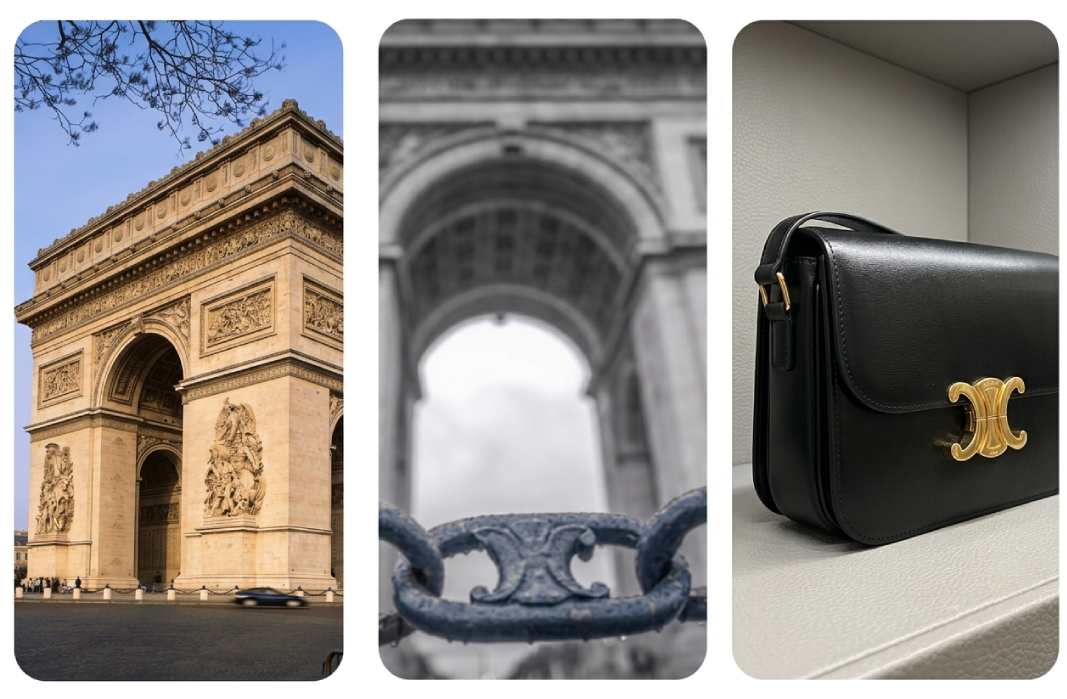 Imagens da corrente e arco do triunfo em Paris que deram origem ao símbolo da Celine, o logo triomphe.