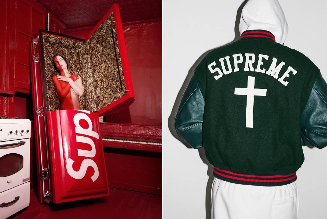 Montagem de fotos do polêmico caixão da Supreme ao lado de moletom carro-chefe da marca streetwear de luxo.