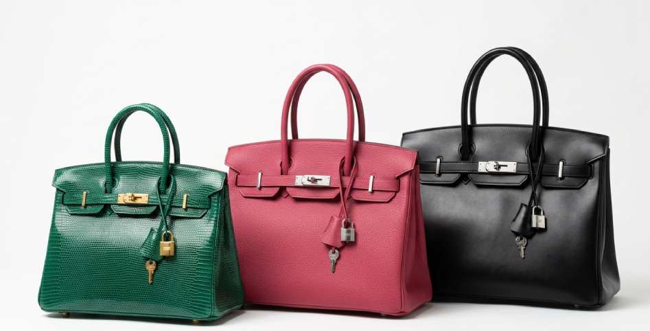 Diferentes materiais e texturas dos couro que a Birkin é produzida.