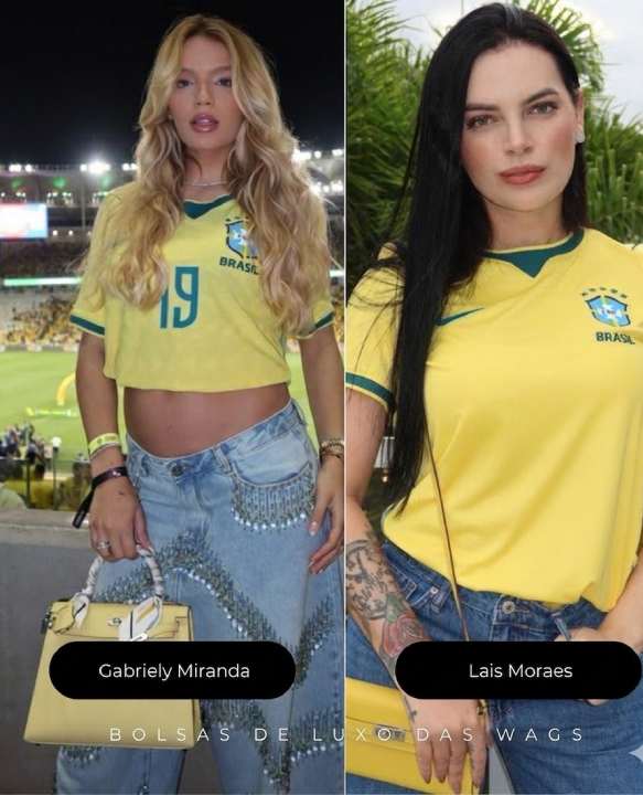 WAGs da Seleção Brasileira 2026, Gabriely Miranda e Lais Moraes, com camisa do Brasil e bolsas Hermès amarelas durante evento relacionado à Copa do Mundo.