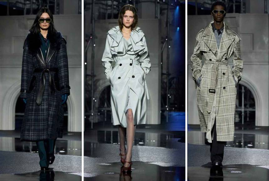 Coleção de inverno da burberry com três versões diferentes do trench coat,