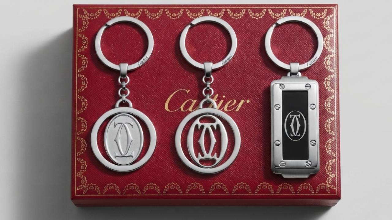três chaveiros masculinos cartier em cima de embalagem da marca.