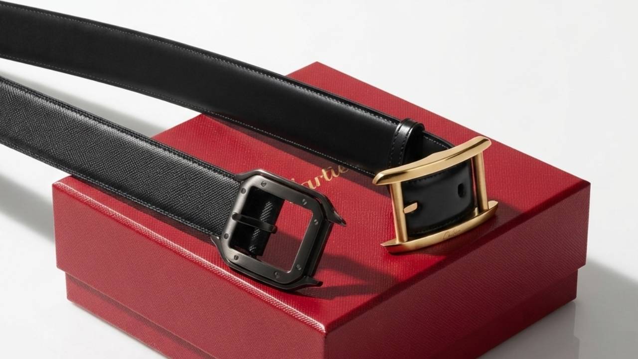 Cintos Cartier Masculinos, feitos de couro com fivelas distintivas.