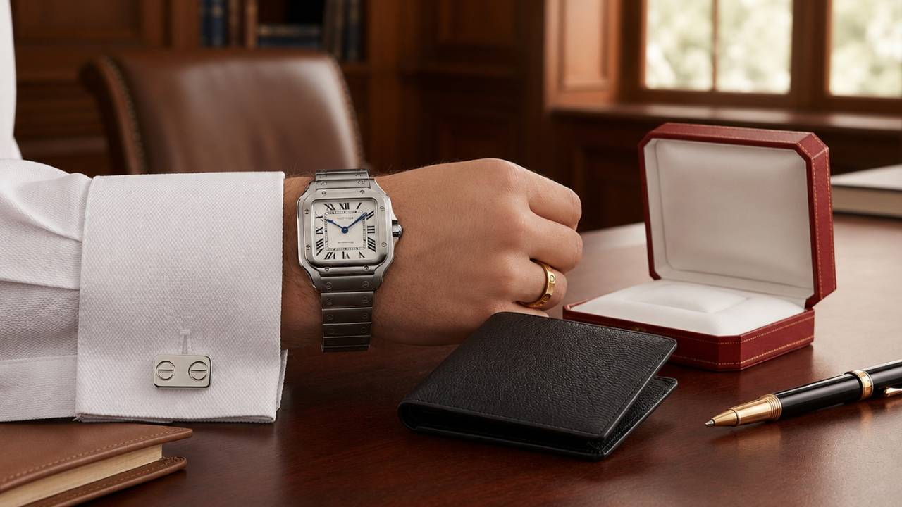 Homem usando um relógio cartier santos, abotoaduras cartier caneta e carteira da marca francesa.