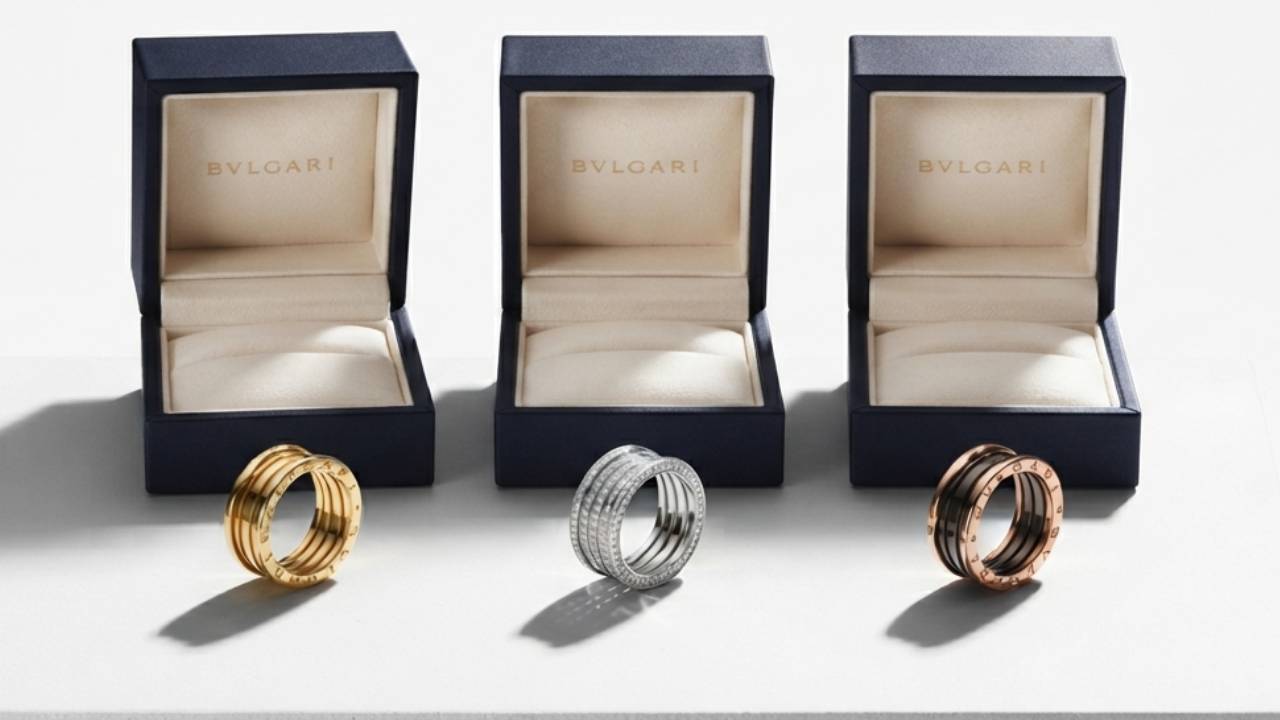 Três variações do anel masculino da Bulgari B.Zero 1 seminovos com caixa original.