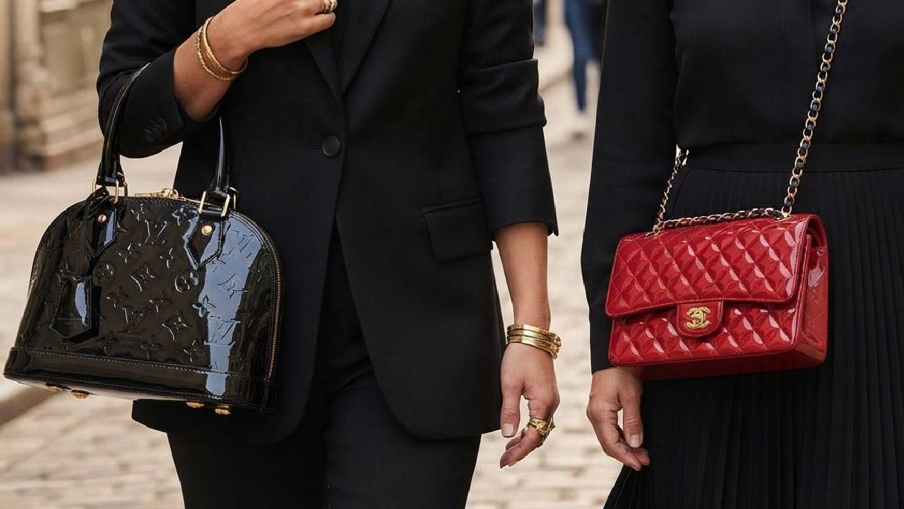 bolsas de couro e verniz da chanel e louis vuitton.