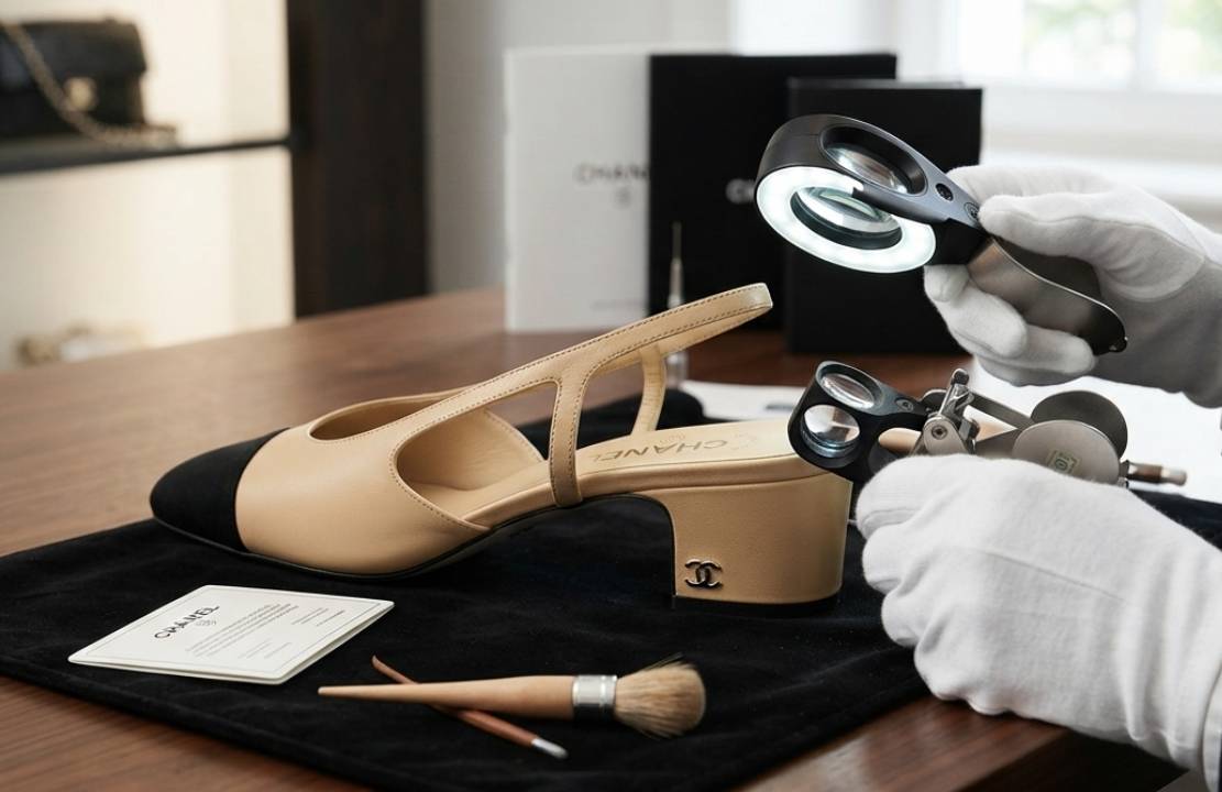 Profissional autenticando um sapato bicolor chanel original.