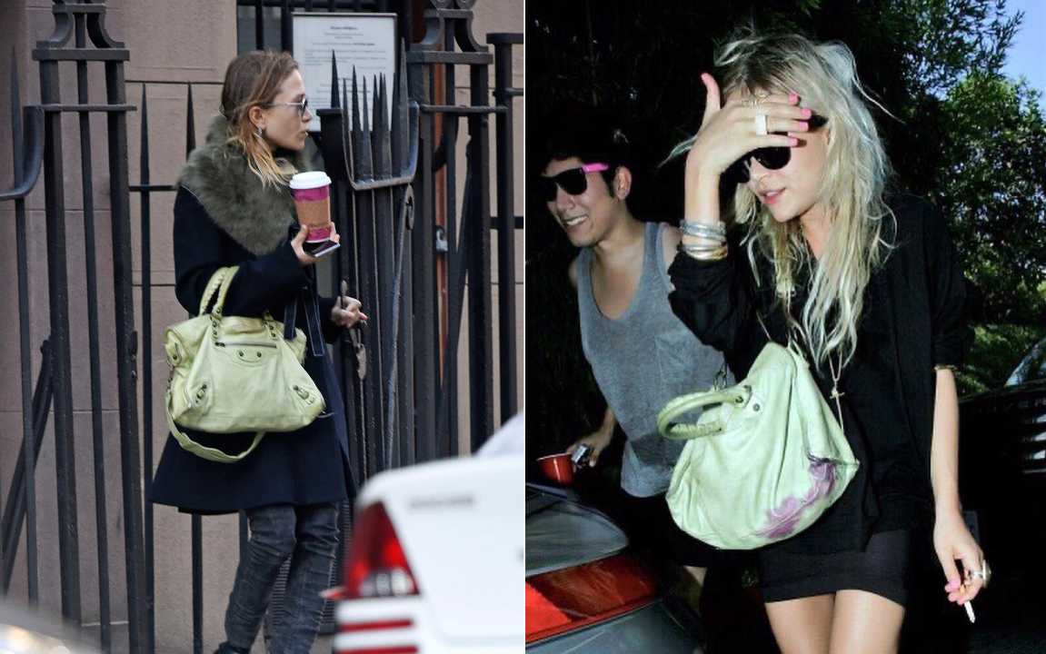 Foto de Mary-Kate Olsen com Balenciaga City vintage na cor mint green super vaorizada no mercado de resale.