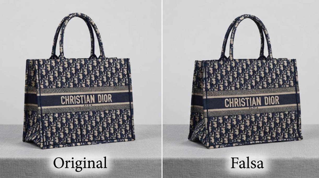 Comparação lado a lado de Bolsa Dior Book Tote original e uma réplica falsificada.