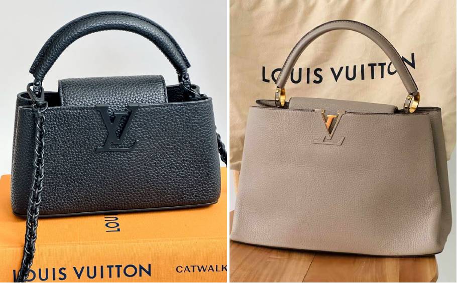 Duas bolsas Louis Vuitton Capucines em cores neutras, modelos com alta demanda no mercado de resale de luxo.