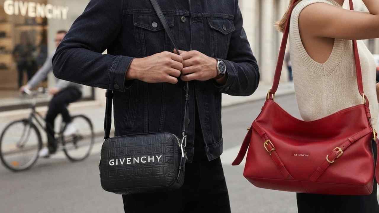 Homem carregando bolsas givenchy masculina e mulher com feminina na Super Sale Mês dos Pais 2026 Etiqueta Única.