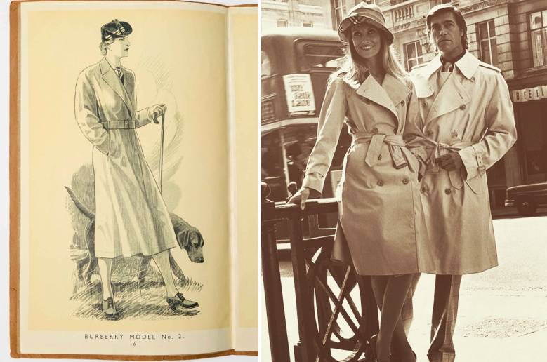 Ilutsração de quando o trench coat burberry foi criado ao lado de foto de revista de homem e mulher usando o casaco.